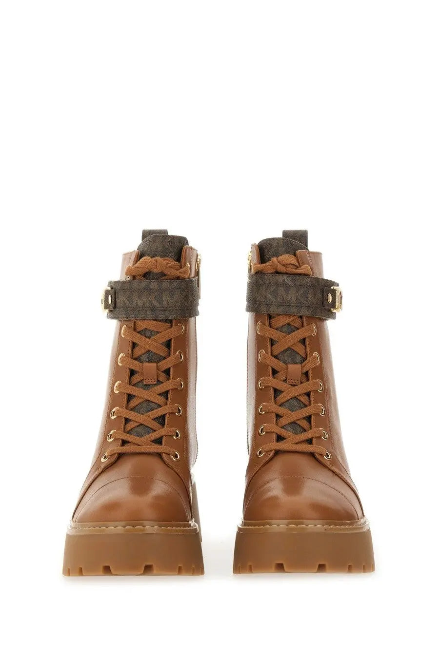 Michael Kors women’s amphibious boot mandy beige brown leather combat boots with chunky sole gold eyelets and ankle straps