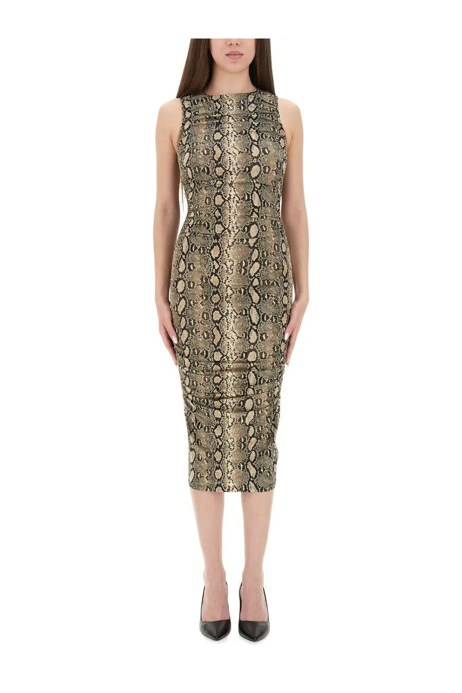 Michael Kors women’s sleeveless midi dress in gold and black snakeskin print with a fitted silhouette
