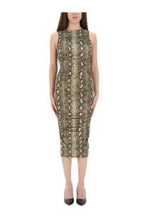 Michael Kors women’s sleeveless midi dress in gold and black snakeskin print with a fitted silhouette