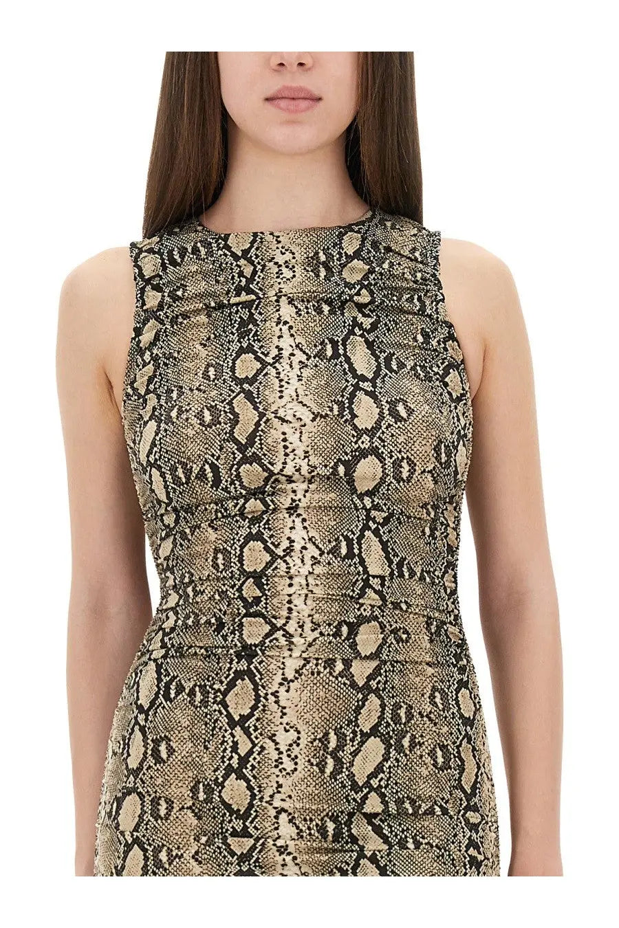 Michael Kors women’s sleeveless form-fitting dress in metallic gold and black snake print pattern
