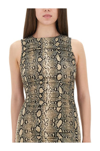 Michael Kors women’s sleeveless form-fitting dress in metallic gold and black snake print pattern
