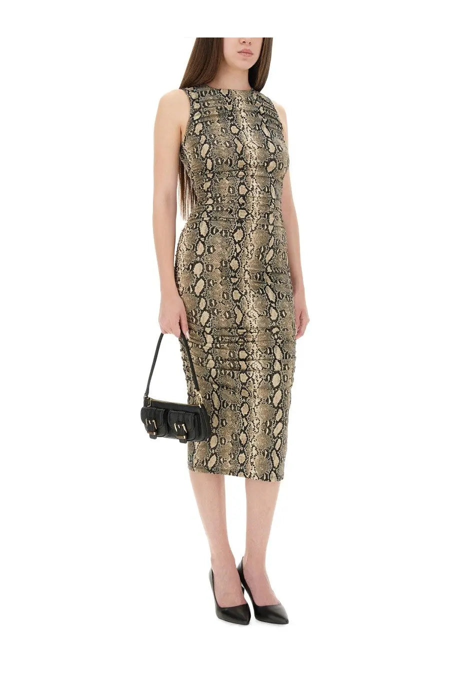 Michael Kors women’s form-fitting sleeveless midi dress in metallic gold and black snake print fabric
