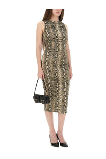 Michael Kors women’s form-fitting sleeveless midi dress in metallic gold and black snake print fabric