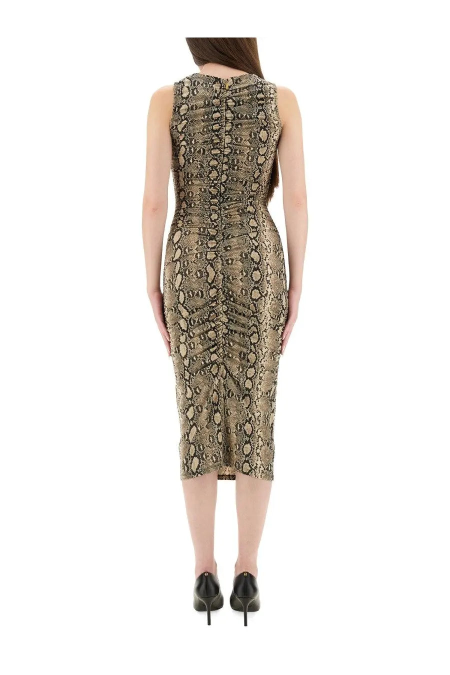 Michael Kors women’s sleeveless form-fitting midi dress in gold and black snakeskin animal print pattern
