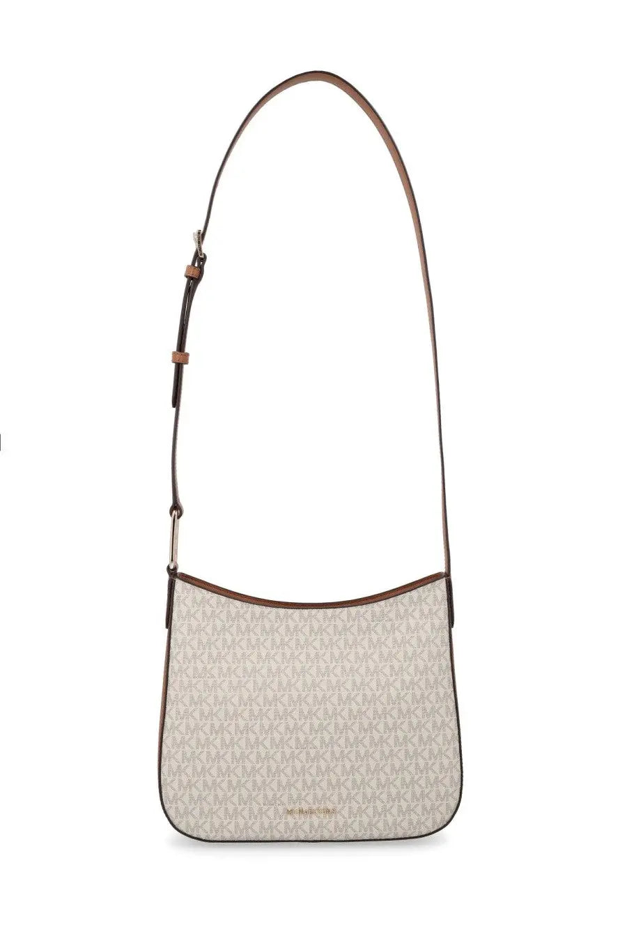 Michael Kors women’s beige shoulder bag with brown repeating monogram pattern and leather trim