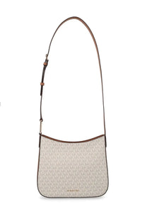 Michael Kors women’s beige shoulder bag with brown repeating monogram pattern and leather trim