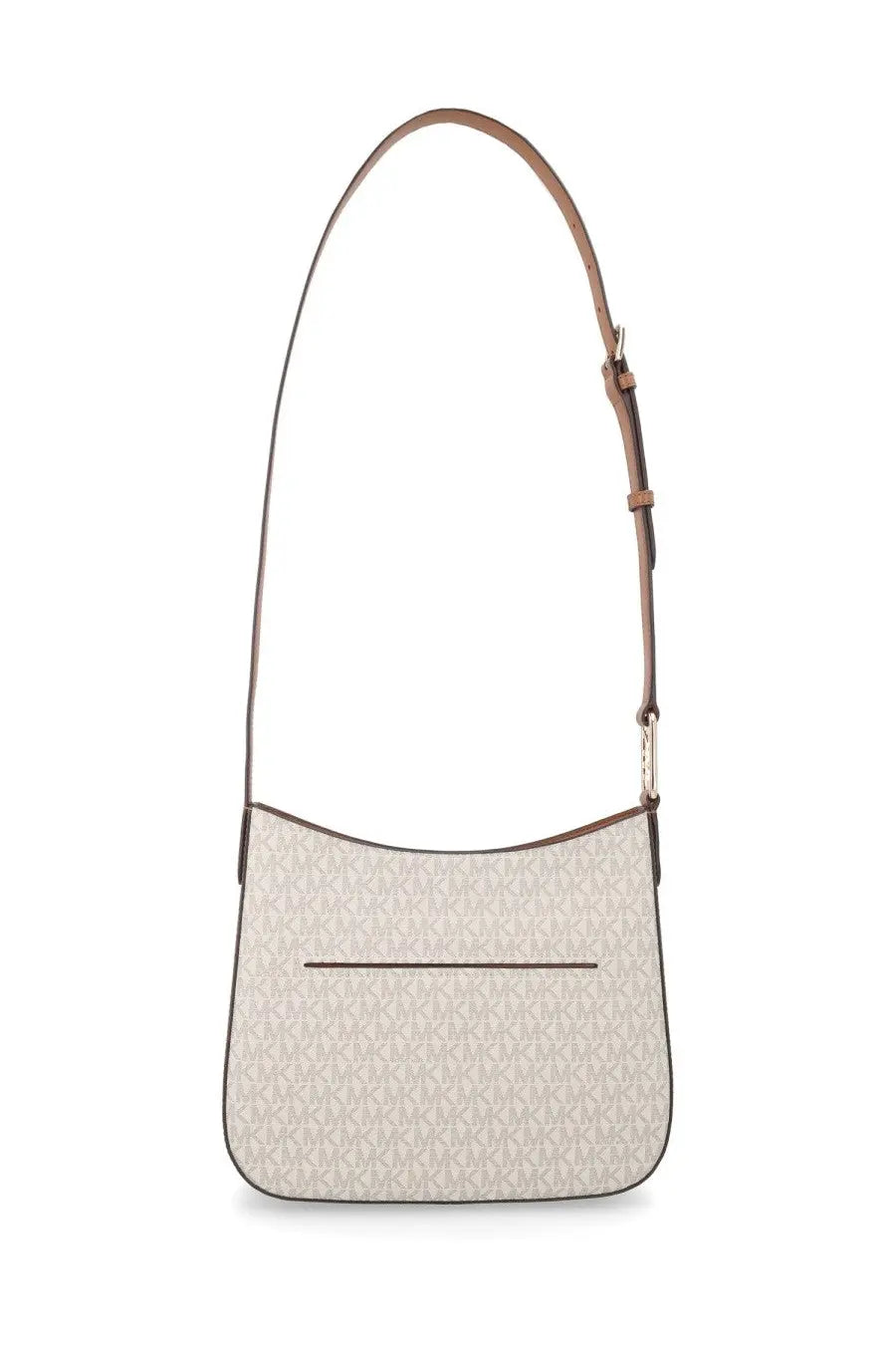 Beige michael kors women’s handbag with subtle monogram pattern and tan leather strap for everyday use