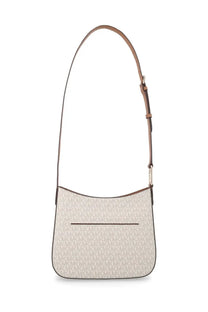 Beige michael kors women’s handbag with subtle monogram pattern and tan leather strap for everyday use