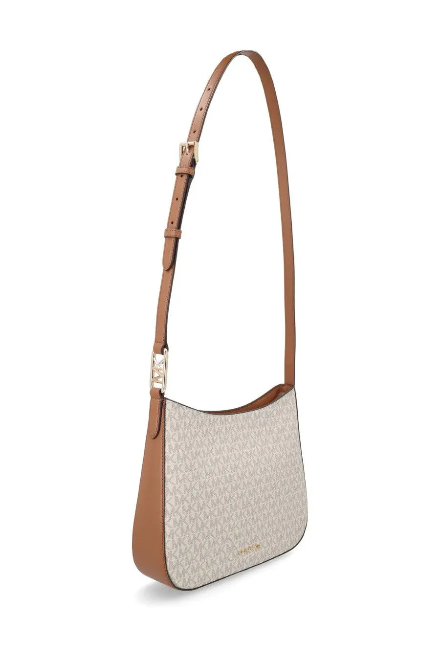 Beige and tan leather shoulder bag with repeating monogram pattern by Michael Kors for women