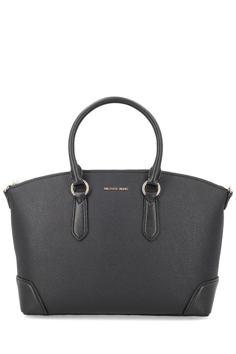 Black pebbled leather michael kors women’s satchel bag with rounded top handles and silver-tone hardware