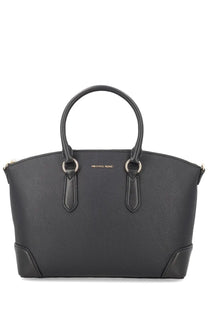 Black pebbled leather michael kors women’s satchel bag with rounded top handles and silver-tone hardware