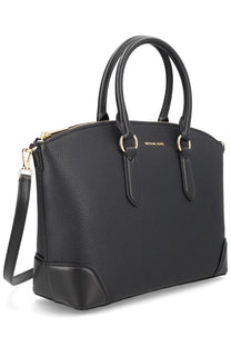 Black pebbled leather michael kors satchel handbag with gold-tone hardware and top handles for women