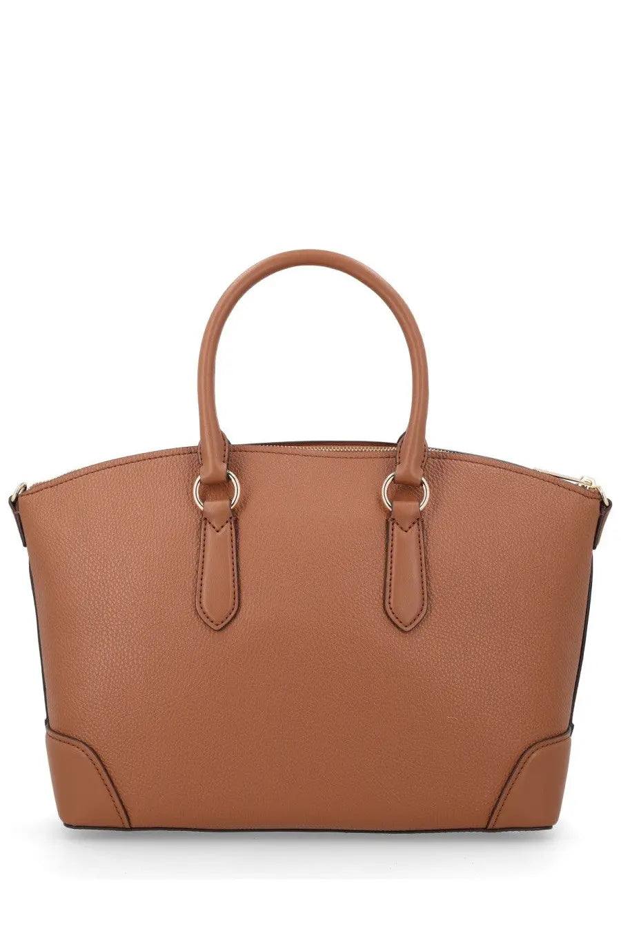 Michael Kors women’s brown tan pebbled leather satchel with curved handles and gold-tone hardware