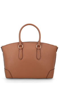 Michael Kors women’s brown tan pebbled leather satchel with curved handles and gold-tone hardware