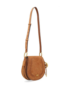Tan suede michael kors josie brown saddle bag with gold-tone hardware and braided detailing for women