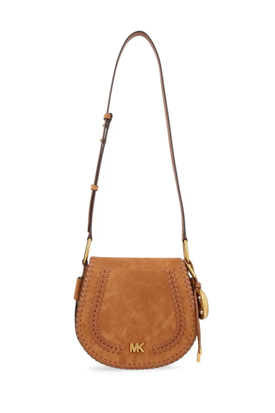 Michael Kors women’s tan suede Josie saddle bag with gold-tone hardware and braided detailing