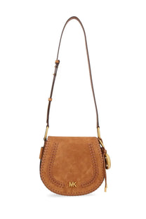 Michael Kors women’s tan suede Josie saddle bag with gold-tone hardware and braided detailing