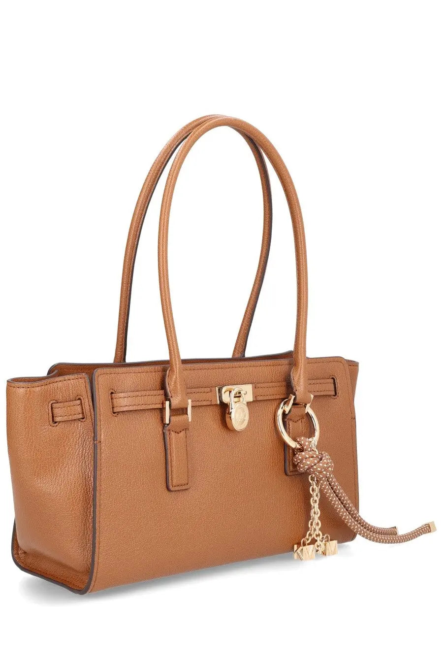 Tan leather michael kors modern hamilton small tote bag with gold tone hardware and decorative tassel for women