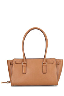 Michael Kors women’s modern Hamilton small brown tan leather tote bag with curved top handles and metallic hardware accents