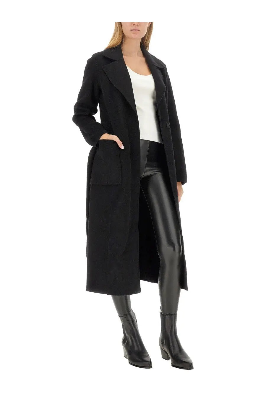 Michael Kors women’s black wool coat with notched lapels front pockets and belt for stylish cold weather wear