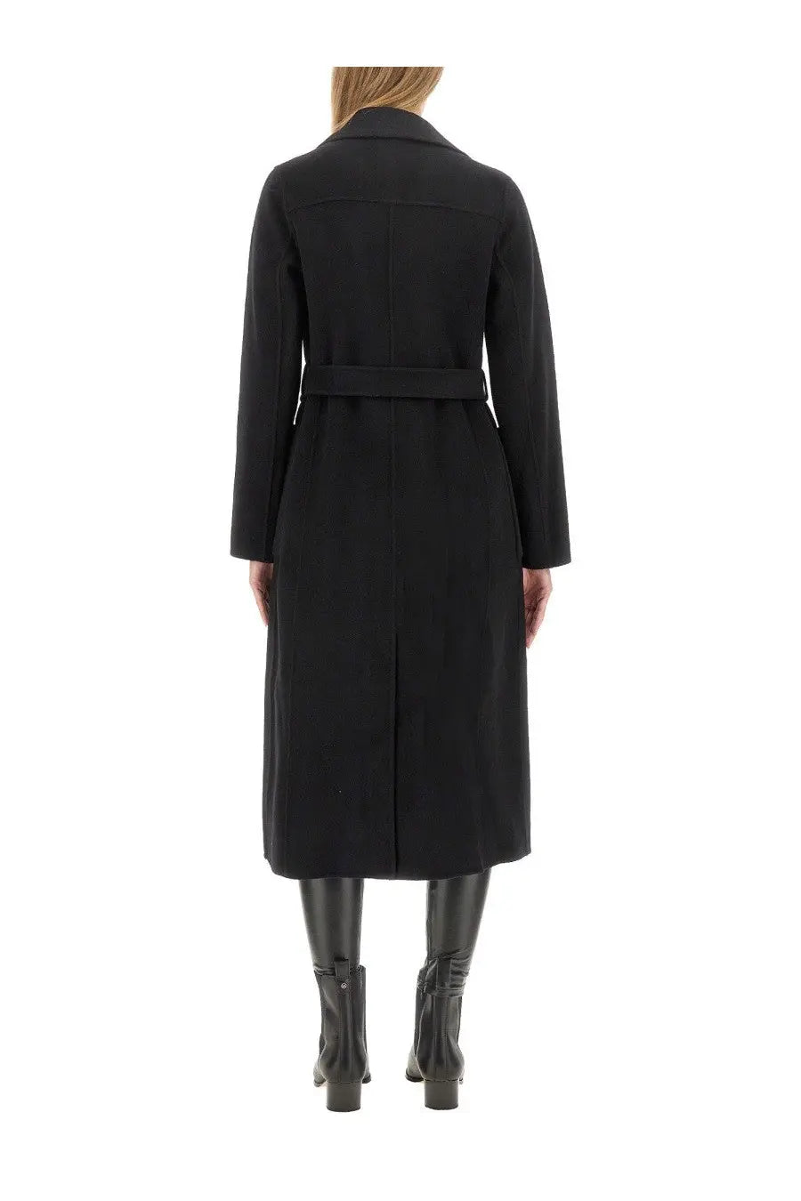 Michael Kors women’s black wool trench coat with belted waist and classic collar for stylish outerwear
