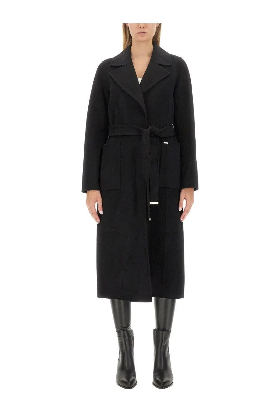 Michael kors women’s black wool coat with belted waist and structured collar for stylish cold weather wear