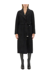 Michael kors women’s black wool coat with belted waist and structured collar for stylish cold weather wear