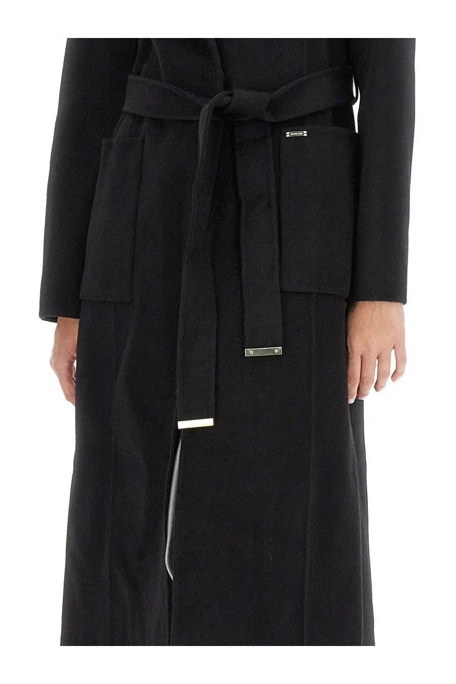 Michael Kors women’s black wool coat with belted waist, front pockets, and subtle metallic hardware accents