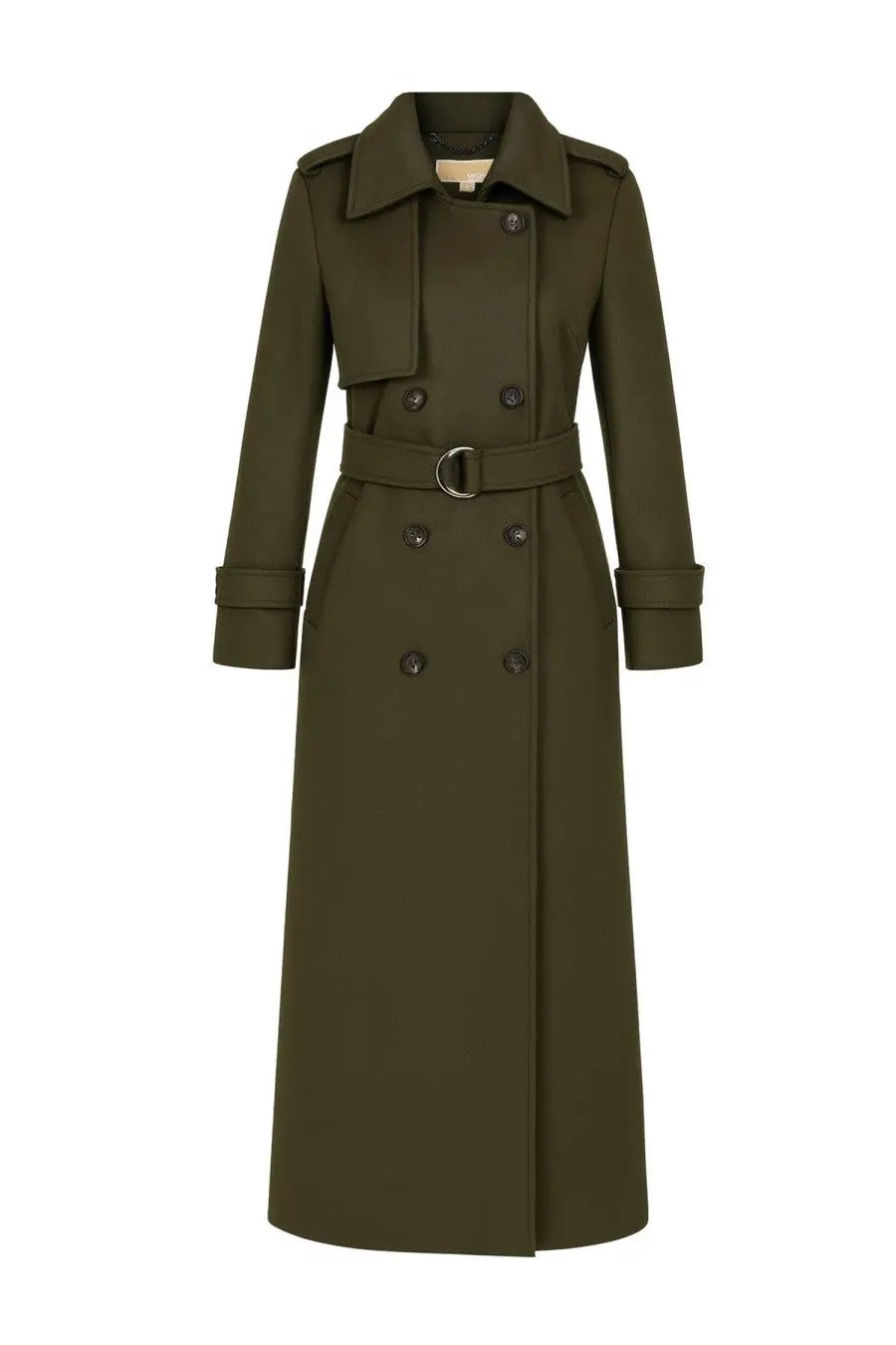 Michael Kors women’s olive green double-breasted belted trench coat with dark buttons and tailored fit