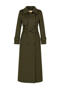 Michael Kors women’s olive green double-breasted belted trench coat with dark buttons and tailored fit