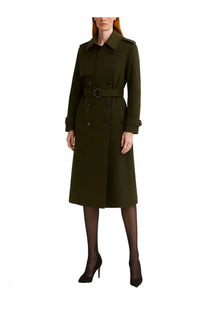 Michael Kors women’s olive green double-breasted belted trench coat with classic collar and brown accents