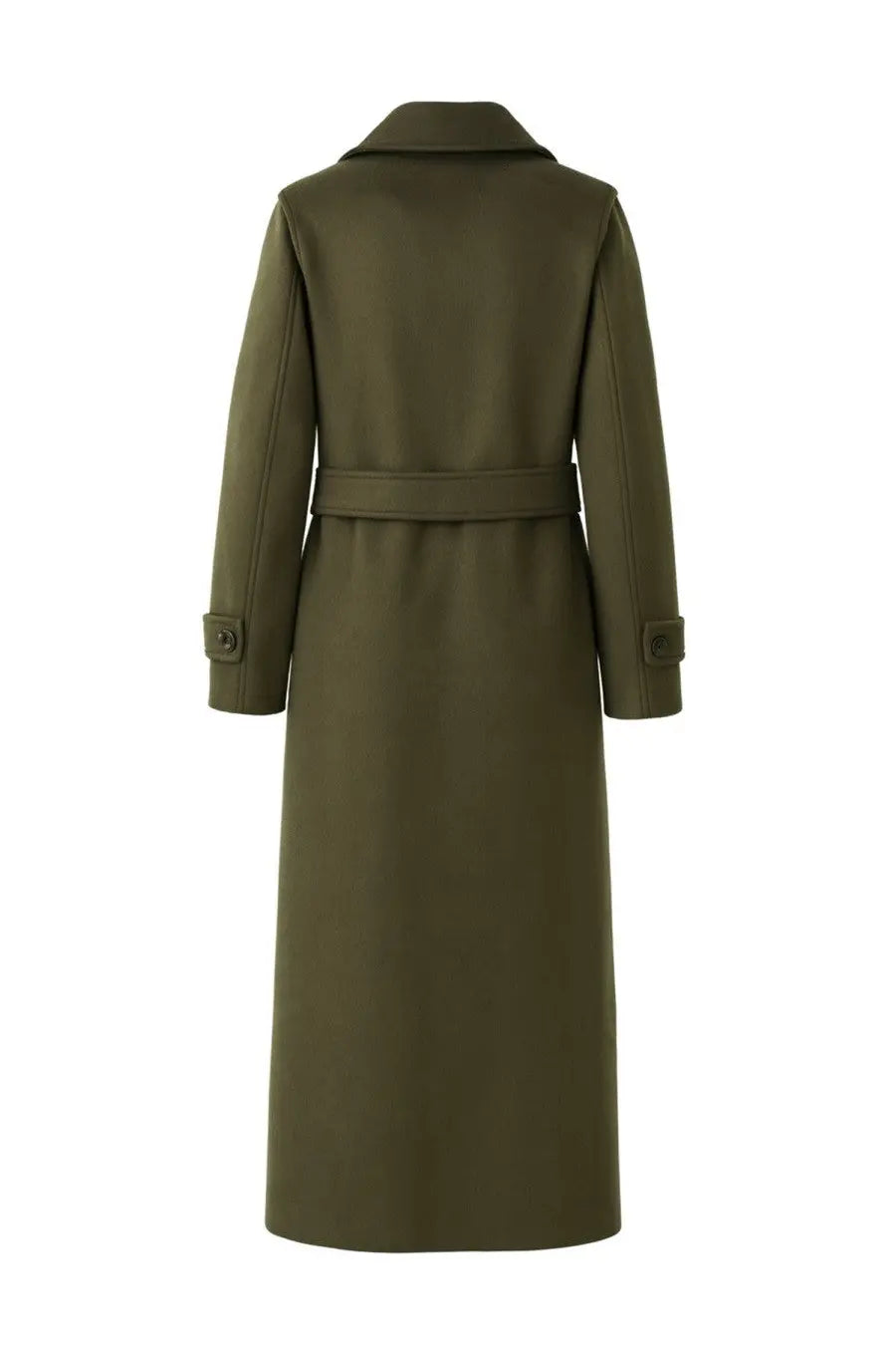 Michael Kors women’s olive green wool trench coat with belted waist and buttoned cuffs in brown style
