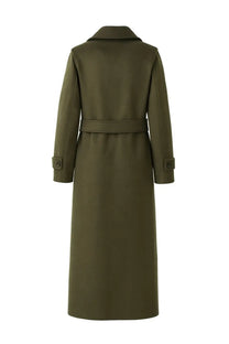 Michael Kors women’s olive green wool trench coat with belted waist and buttoned cuffs in brown style