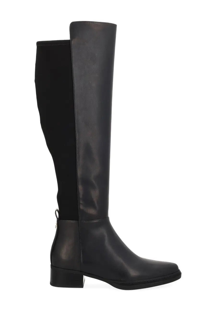 Michael Kors Women’s black leather and elastic knee-high boot with low block heel front view