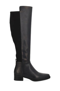 Michael Kors Women’s black leather and elastic knee-high boot with low block heel front view