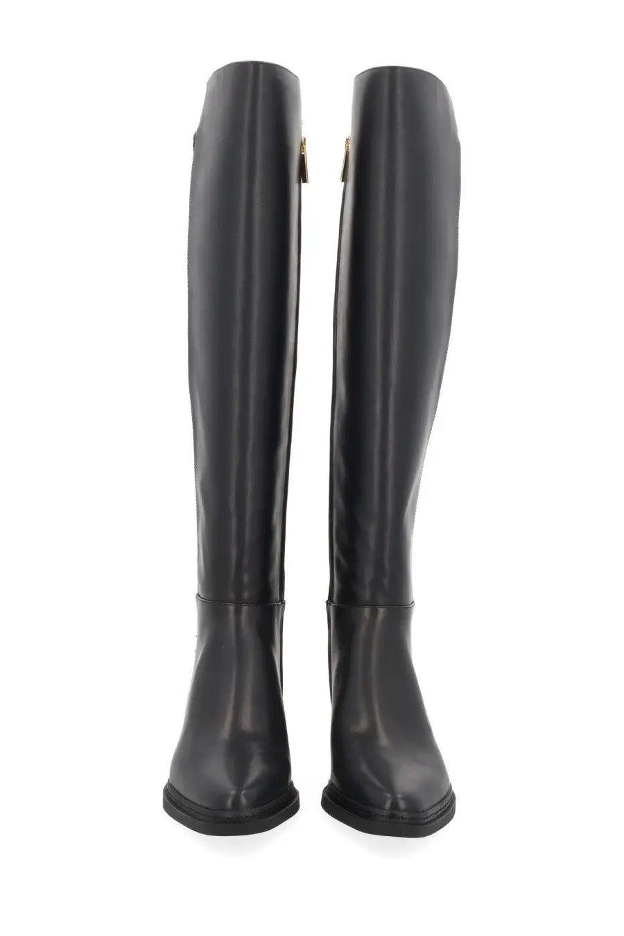 Michael Kors women’s Lex black knee-high leather boots with sleek glossy finish and subtle gold inner zippers