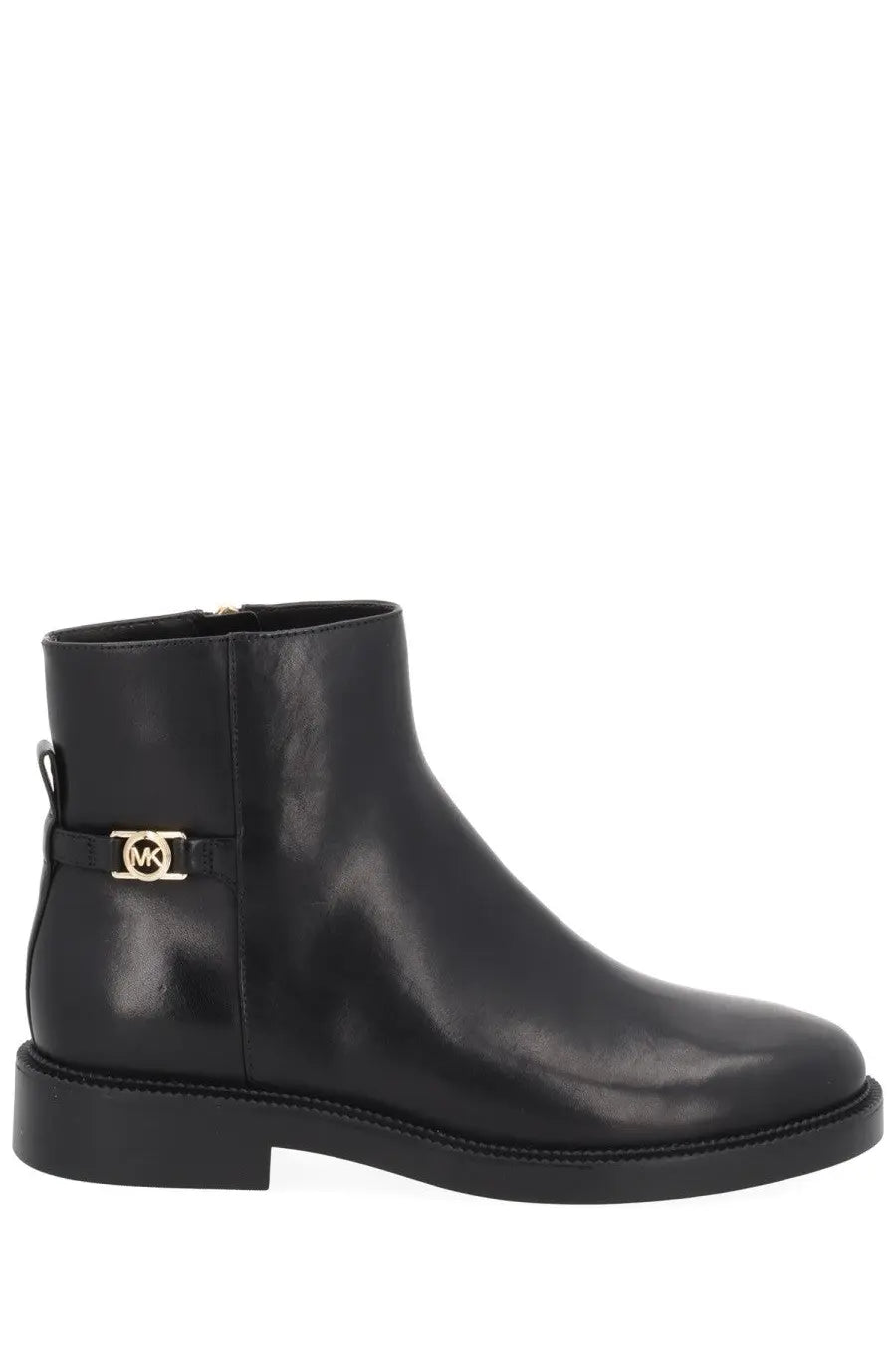 Black leather ankle boot with gold tone Michael Kors logo plaque on the side for women by Michael Kors