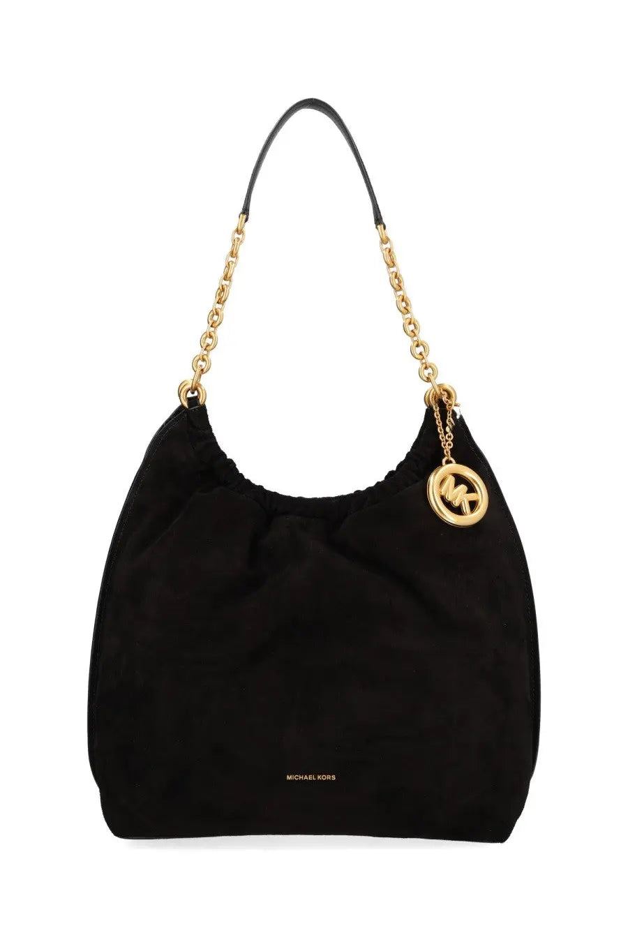 Michael Kors women’s Borsa Indie large black suede hobo bag with gold-tone chain strap and circular logo charm