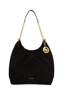 Michael Kors women’s Borsa Indie large black suede hobo bag with gold-tone chain strap and circular logo charm