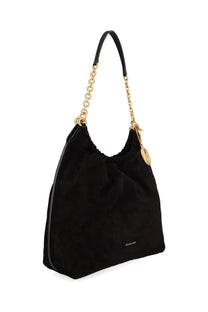 Michael Kors women’s borsa Indie large black suede shoulder bag with gold-tone chain strap and circular logo charm