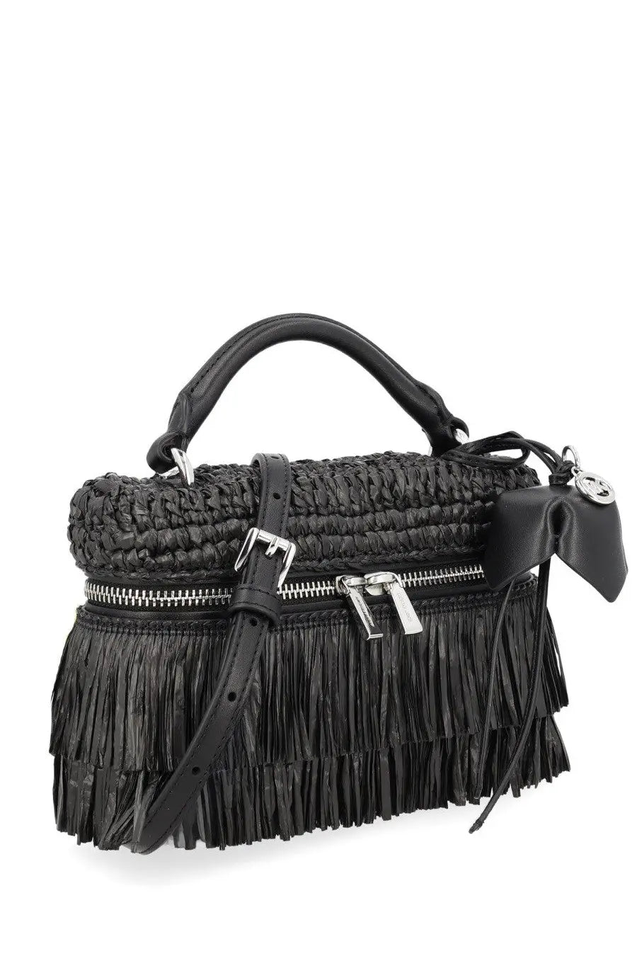 Michael Kors women’s borsa Jane extra small black woven straw handbag with fringed leather trim and silver hardware