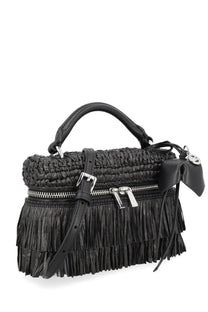 Michael Kors women’s borsa Jane extra small black woven straw handbag with fringed leather trim and silver hardware