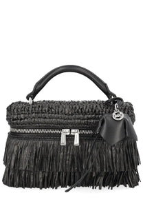 Michael Kors women’s borsa Jane extra small black woven straw handbag with leather fringe and silver-toned zipper closure