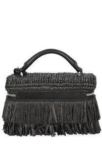 Michael Kors women’s borsa jane extra small black woven straw handbag with fringed leather trim and top handle
