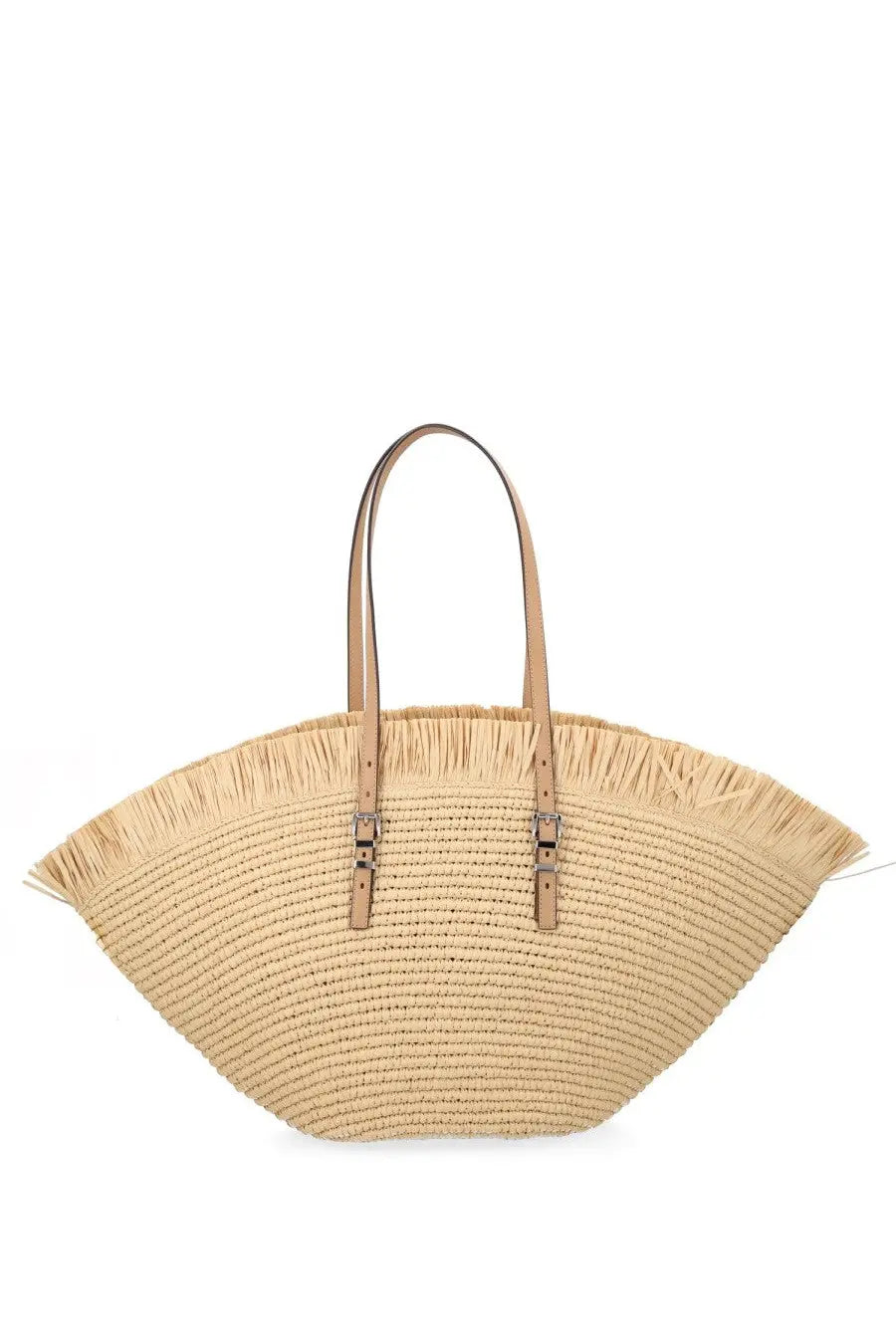 Beige straw michael kors women’s borsa tote lg fan with tan leather handles and fringed edges