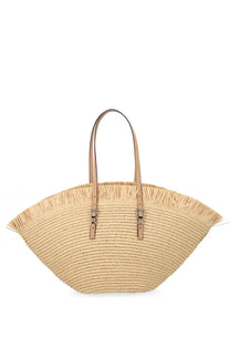 Beige straw michael kors women’s borsa tote lg fan with tan leather handles and fringed edges