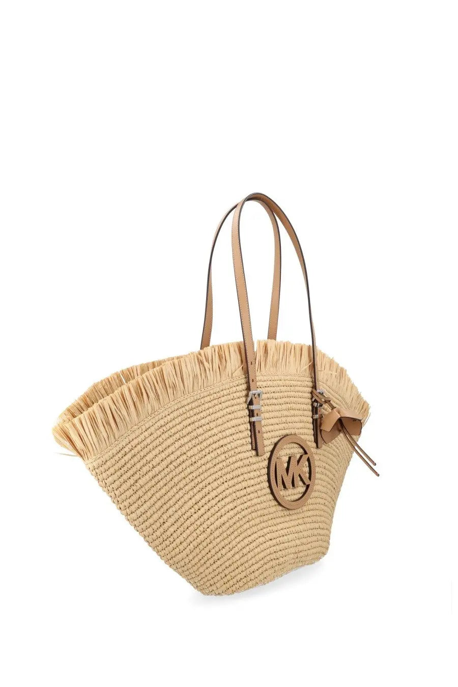 Michael Kors womens borsa tote lg fan beige woven straw bag with tan leather handles and circular mk logo emblem