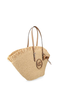 Michael Kors womens borsa tote lg fan beige woven straw bag with tan leather handles and circular mk logo emblem