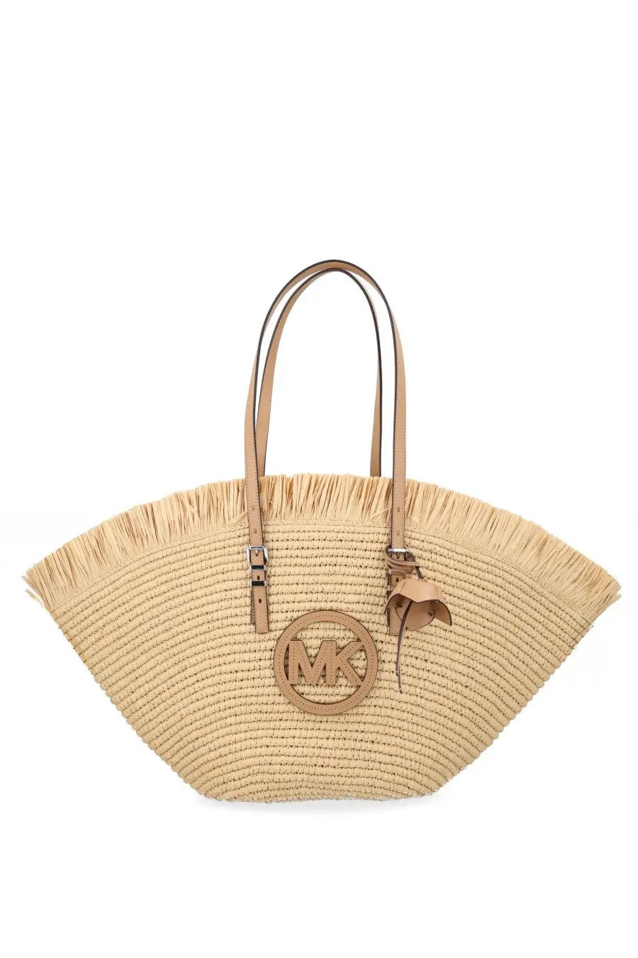 Michael Kors women’s borsa tote LG fan beige woven straw bag with tan leather handles and circular MK logo emblem