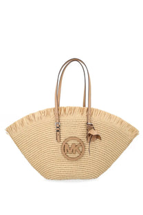 Michael Kors women’s borsa tote LG fan beige woven straw bag with tan leather handles and circular MK logo emblem
